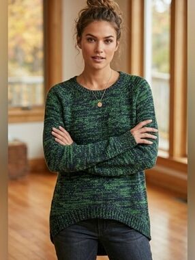 Cotton Blend Green and Blue Knit Sweater